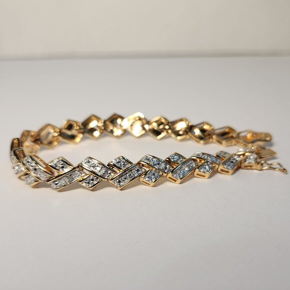 VTG 1992 Ross Simmons Diamond Chevron Tennis Link Bracelet 18K/925 7.5" 20g - Picture 1 of 14